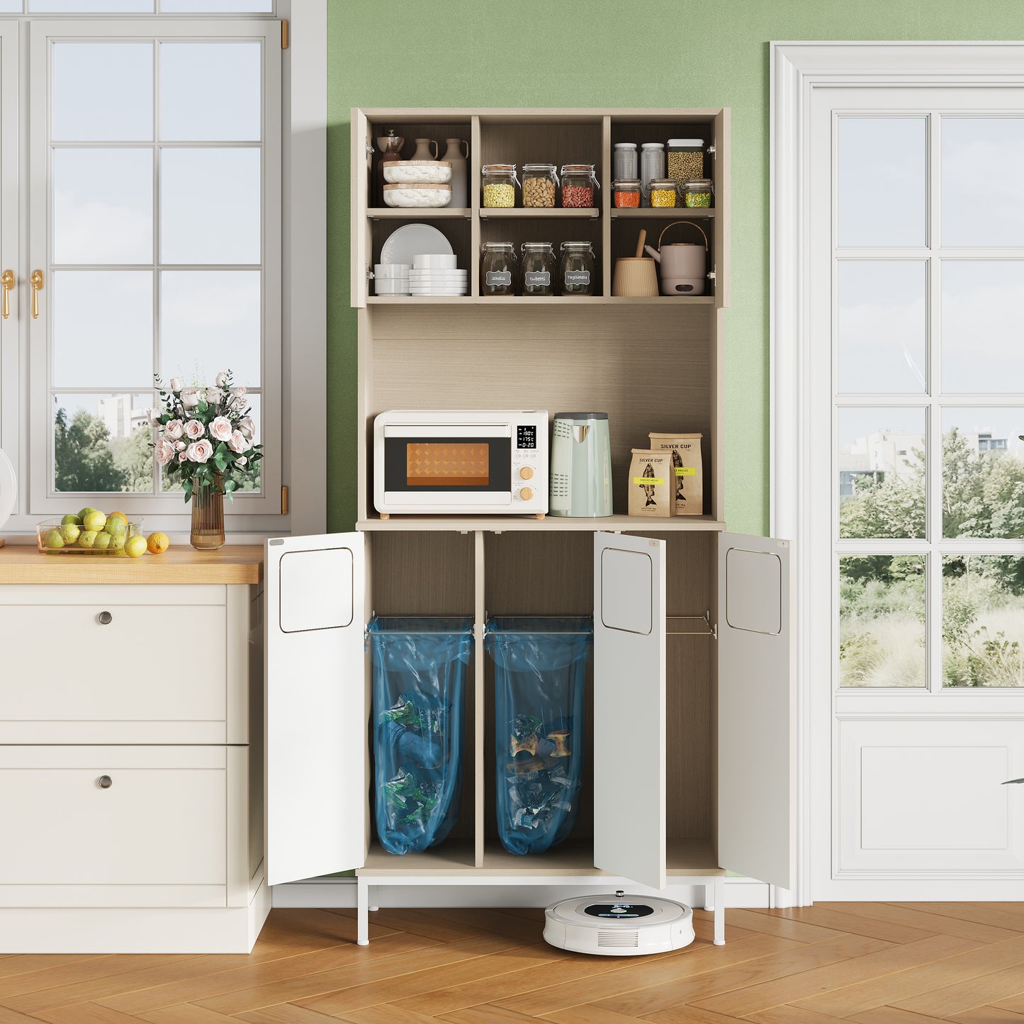 Trash Cabinet, Three-door Kitchen Cabinet In Lightwood-white, 181cm Tall Cabinet With Garbage Area, Microwave Compartment & Storage Space For Vacuum Cleaner, 80x35x181cm