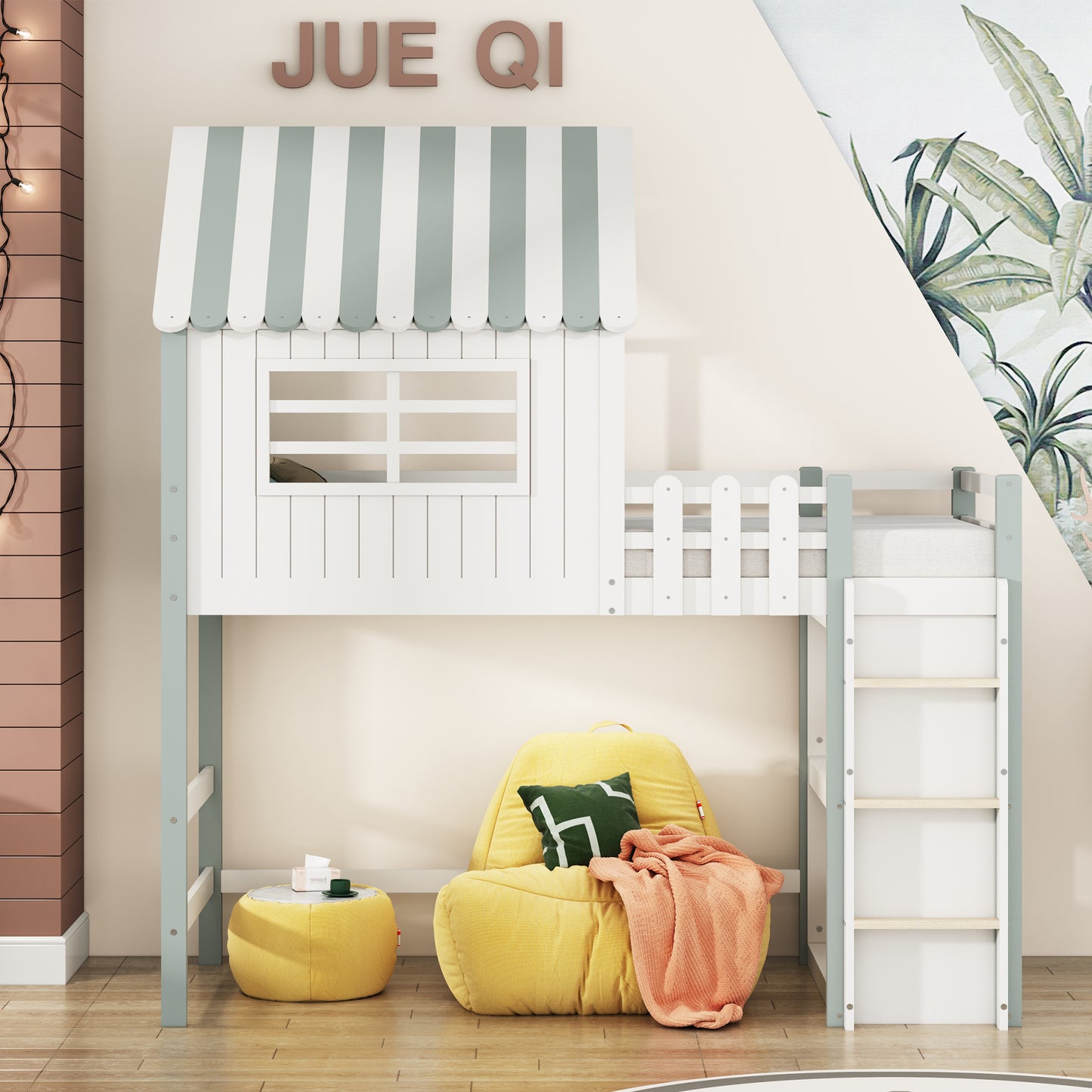 Children's Bed 90x200 Cm High And Low Bed For Boys And Girls Home Bed Roof Shape With Safety Ladder With Storage Compartment Multifunctional Bed Solid Wood Bed With Slatted Base Green