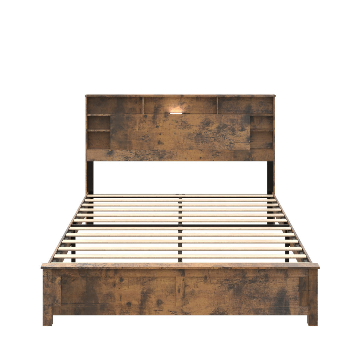 Queen Wood Bed Frame With Bookcase Headboard, Charging Station & LED, Dark Brown
