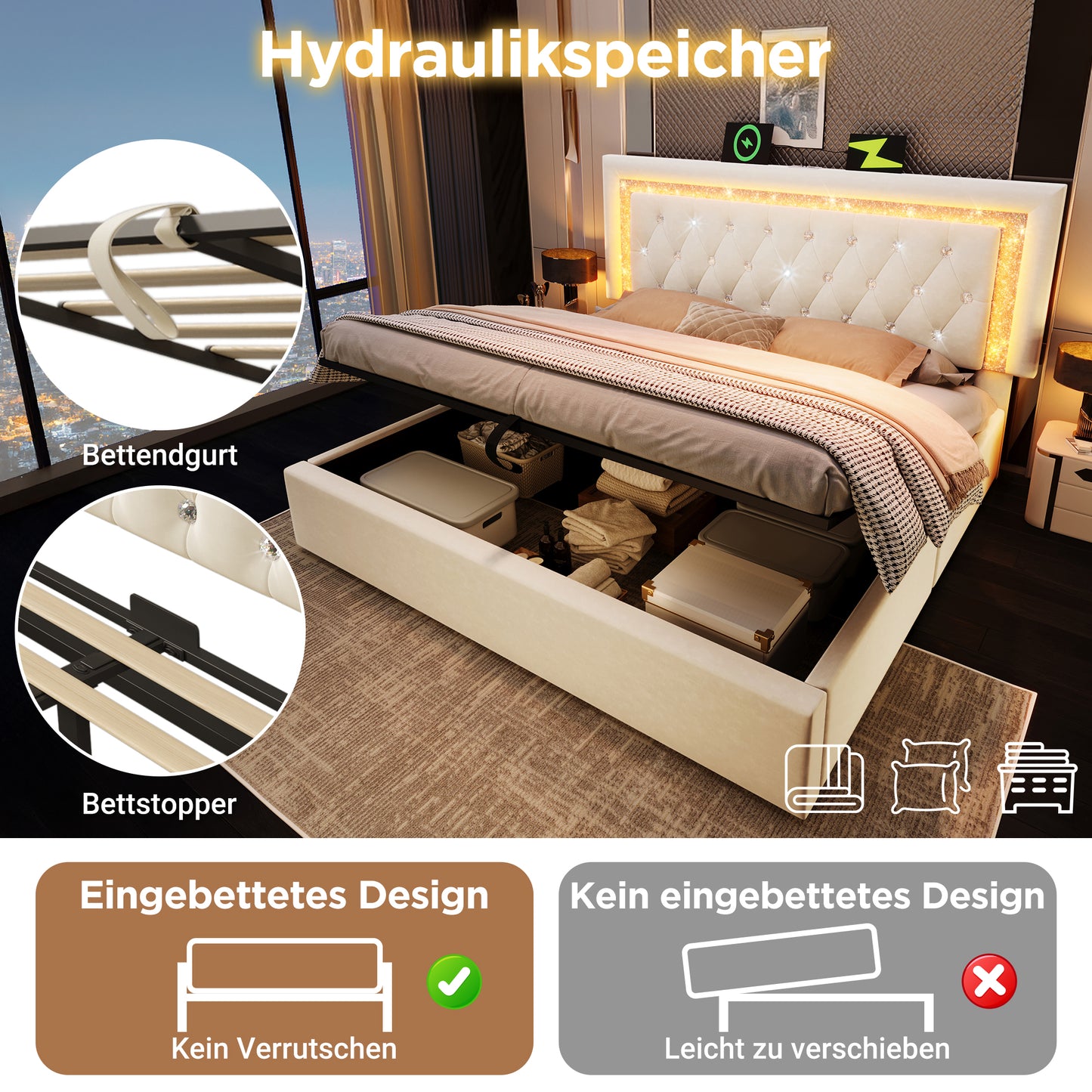 Upholstered Bed 140x200 Cm Velvet Double Bed With LED Diamond Stripes In The Headboard, USB & Type-C Charging Station, Hydraulic Storage Space, Youth Bed With Slatted Frame, Modern Functional Bed, Bei
