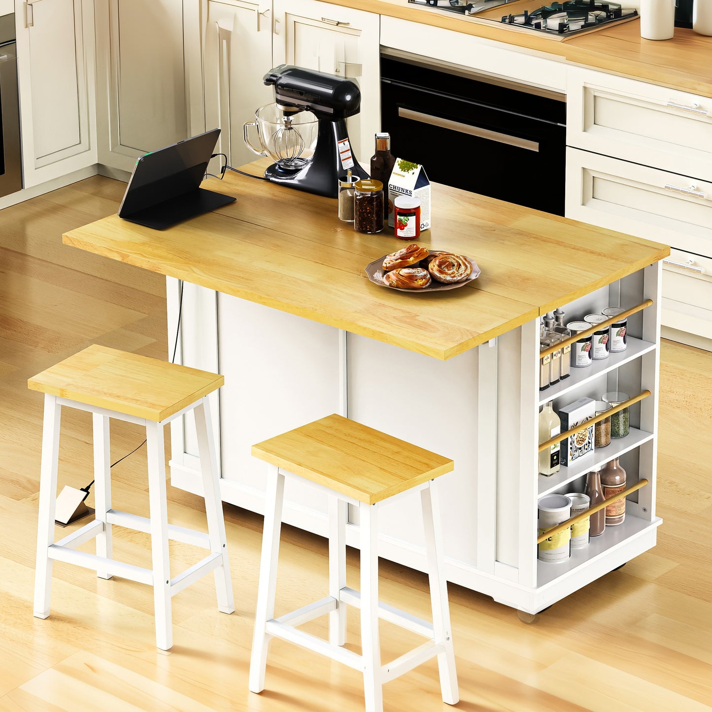 48inch Kitchen Island With 2 Bar Stools, Power Outlet, Door Internal Storage Rack, Kitchen Storage Cart On 5 Wheels With Drop Leaf, 5 Side Racks, 2 Drawers,White  Old SKU N707S000015W  Three Packages
