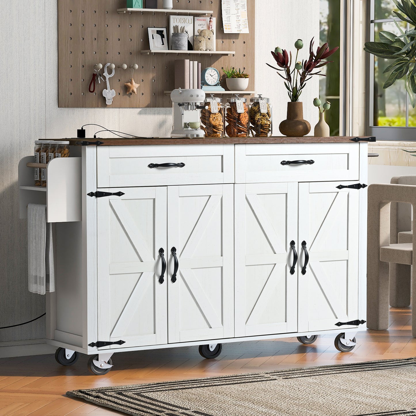 K&K 53.5 Farmhouse Kitchen Island With Power Outlet, Kitchen Storage Island With Drop Leaf, Spice Rack And Drawer, Rolling Kitchen Cart On Wheels, For Home, Kitchen And Dining Room, White