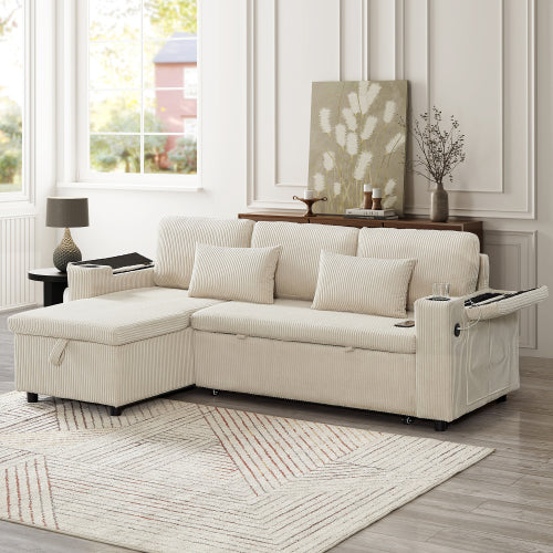 3 In 1 Convertible Corduroy Sofa Bed With Storage Chaise, L Shaped Sleeper Sofa Couches With Armrest Storage And Charging Station. Pullout Sectional Daybed For Living RoomBedroomOffice, Grey