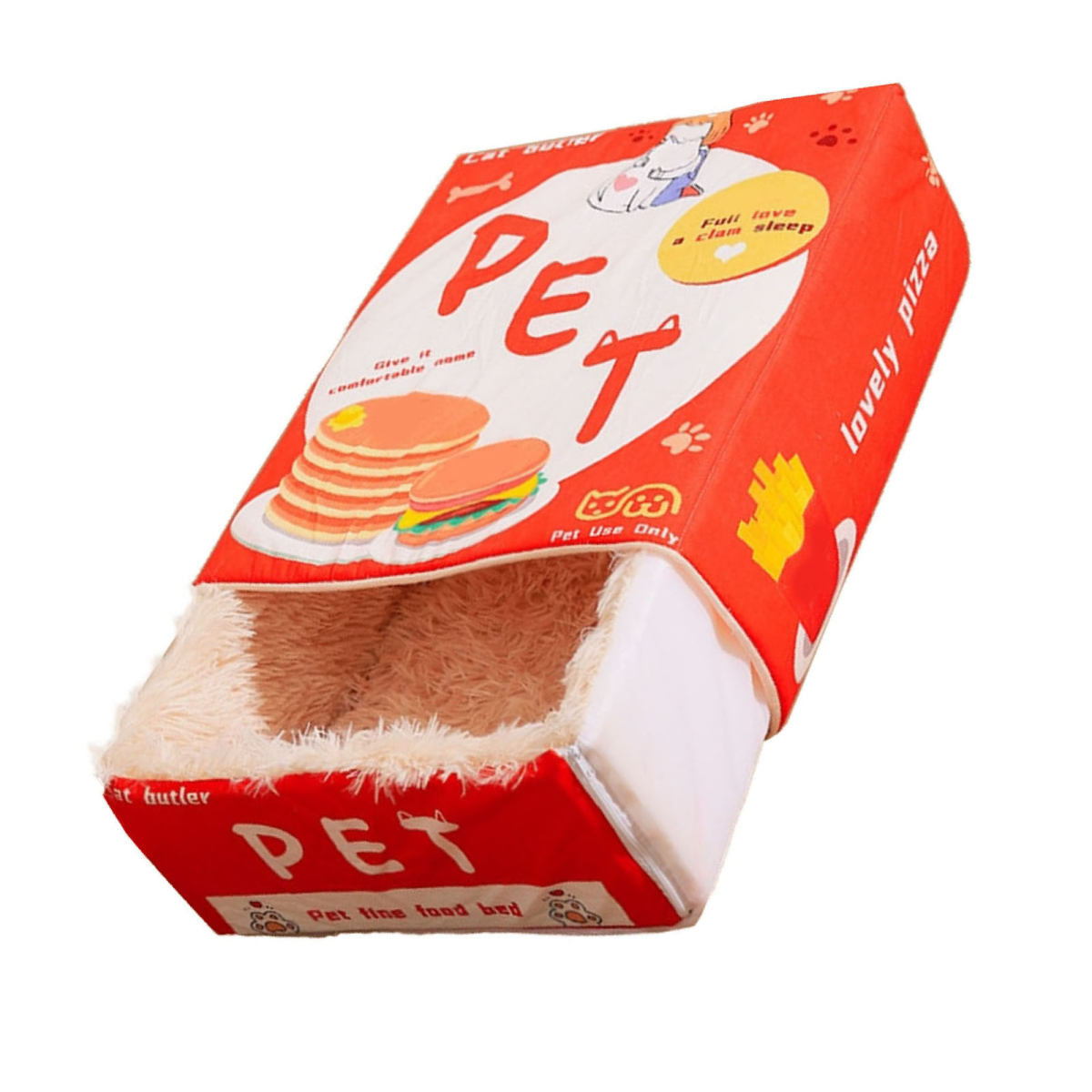 Snack Box Cat Bed Cartoon Rectangular Fully Enclosed Four Season Universal Multifunctional Soft Pet Bed For Home Travel Red