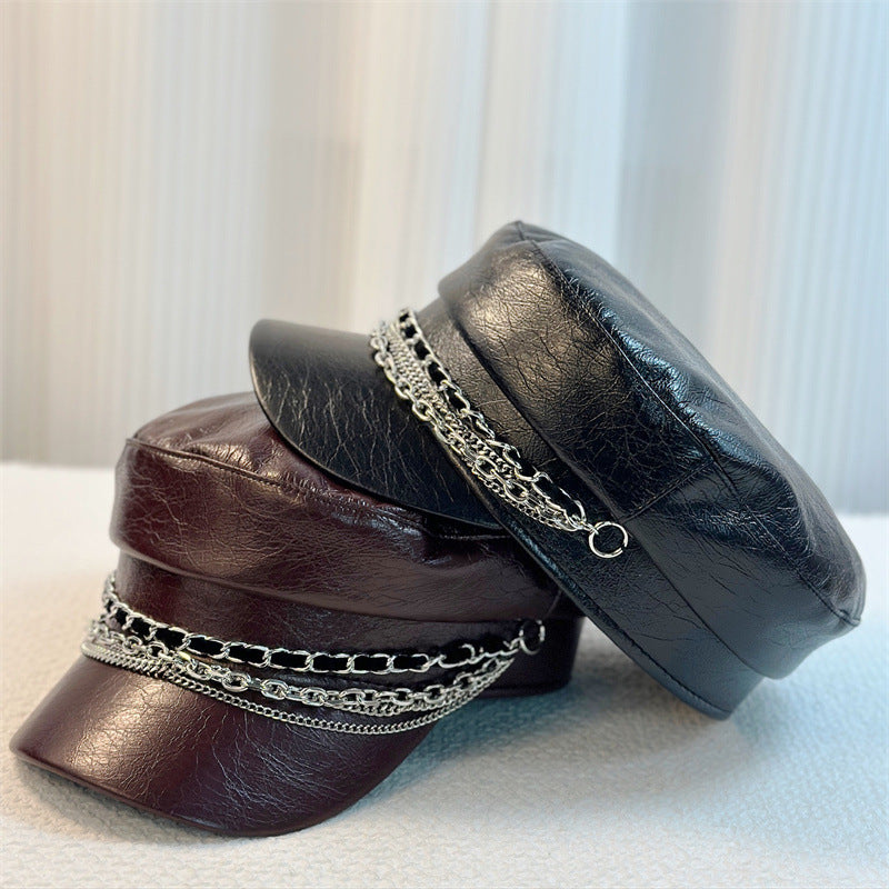 Women's PU Leather Multi-layer Chain Decorated Trendy Style Flat-top Newsboy Hat, Suitable For Daily Commuting, Parties, Gatherings And Outdoor Outings.