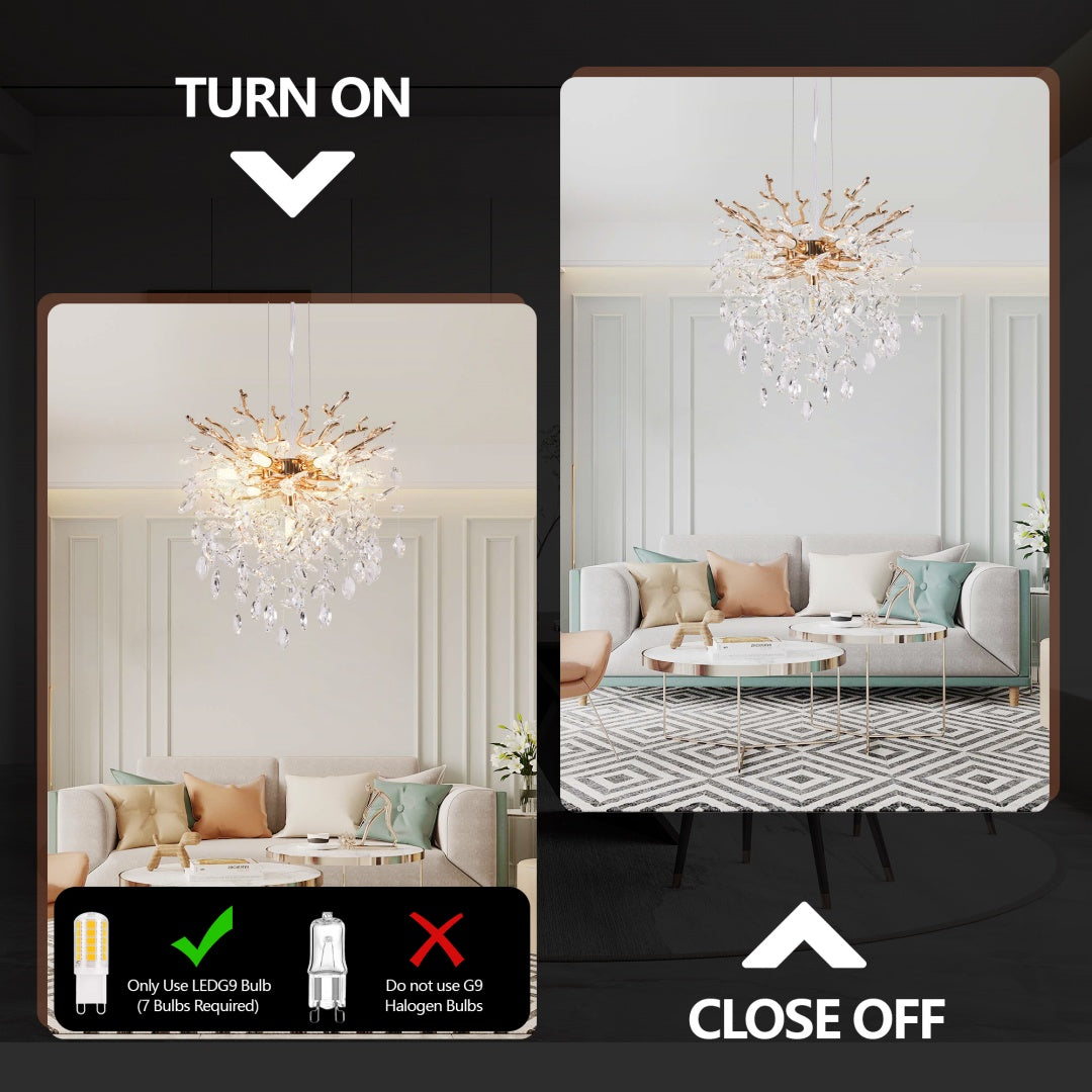 Modern Tree Branch Crystal Chandelier Luxury Gold Crystal Pendant Lighting 18in Contemporary 7-Light Chandeliers For Dining Room Kitchen Bedroom Living Room Bulb Is Not Including