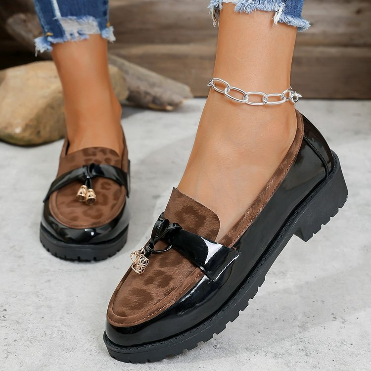 New 2025 Autumn Winter Korean Style Mid-Heel Retro Leopard Print Buckle Loafers, Lightweight Height-Increasing Non-Slip Casual Shoes