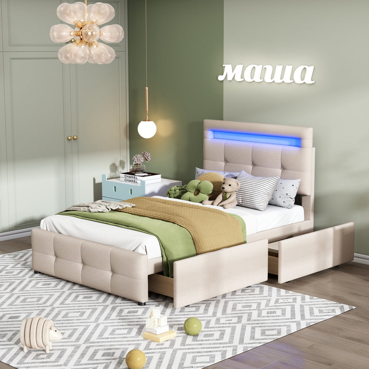 Upholstered Bed 90x200cm With LED Lights, 2 Drawers, Skin-friendly Linen Upholstery Flat Single Bed Cot Youth Bed Guest Bed Beige
