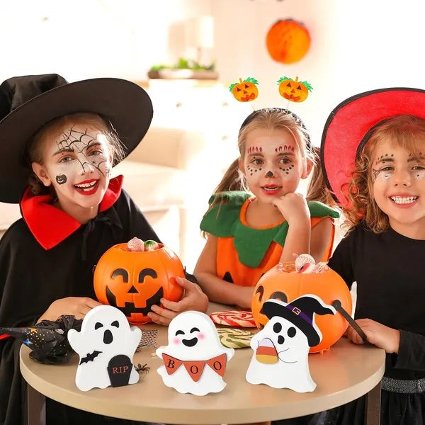 Cute Ghost Halloween Decorations Indoor, Wooden Tiered Tray Decor Table Sign Set Of 3, Black Cat Bat Witch Broom Signs Pumpkin Blocks For Party Home Shelf Display