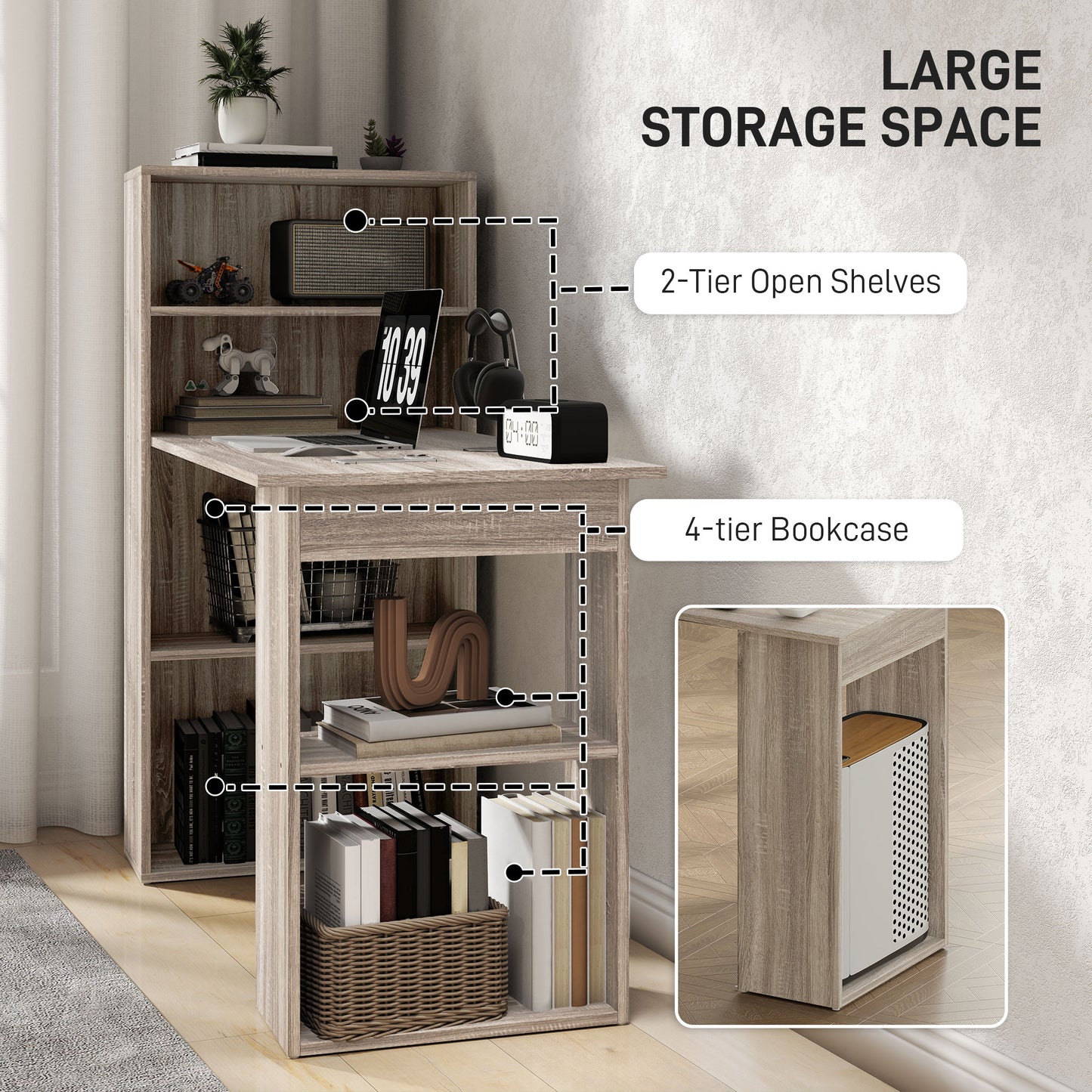 120cm Computer Desk, Wooden PC Laptop Table With 6-Tier Storage Bookshelves, Home Office Working Study Desk, Writing Workstation, Grey