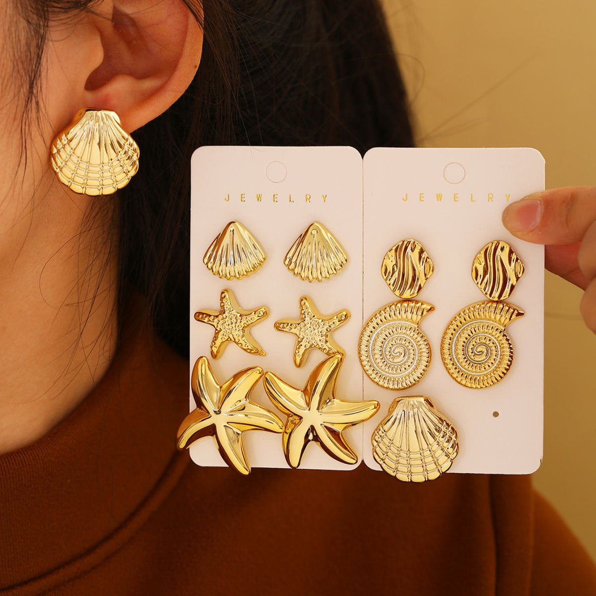New Cross-border Elegant Women Stud Earring Set, Trendy Unique Design With Ocean Starfish & Shell Elements Ear Jewelry