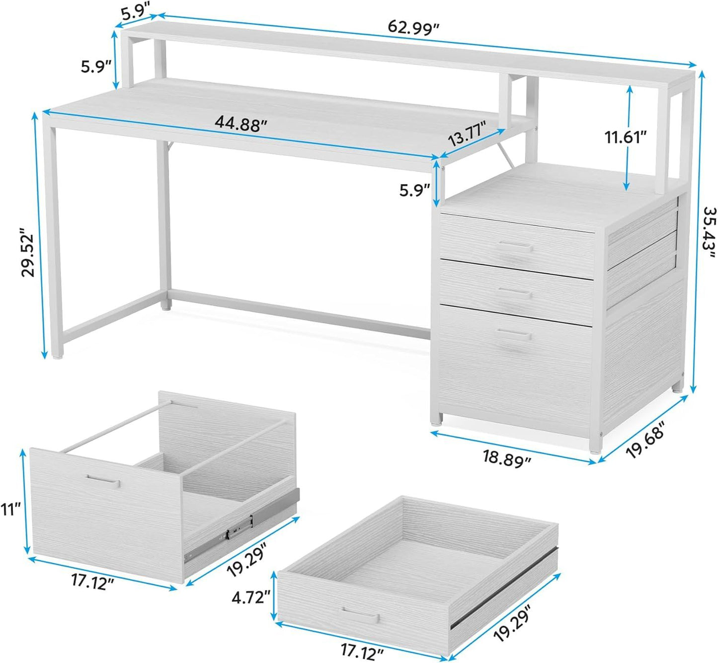 63 Inch Computer Desk With File Drawer Cabinet, Ergonomic Office Desk With Monitor Stand, Computer Table With Printer Space, Wood PC Table Workstation Desk