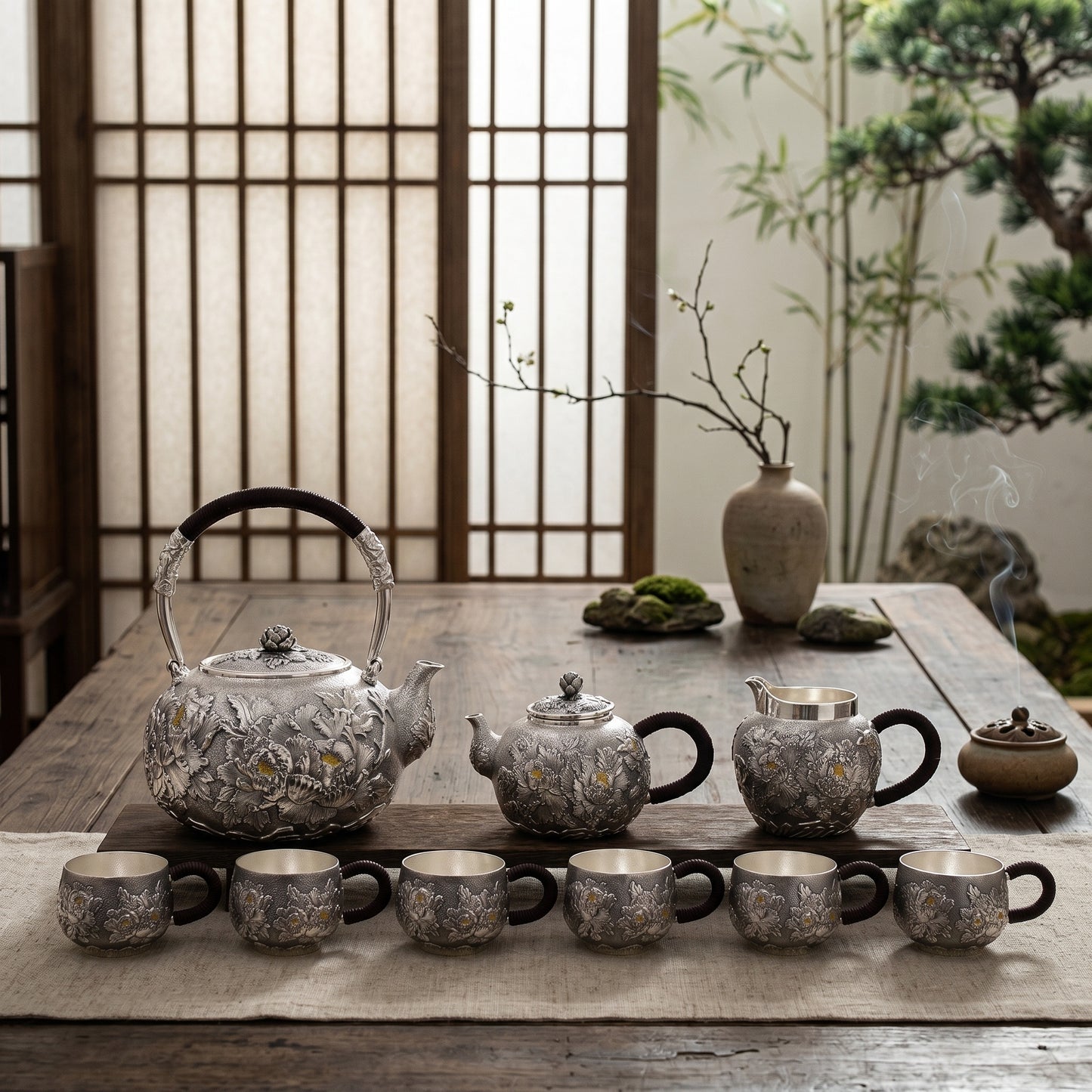925 Sterling Silver Exquisite Handcrafted Silver Floral Tea Set with Dark Wrapped Handles on Wooden Stand - Handicraft