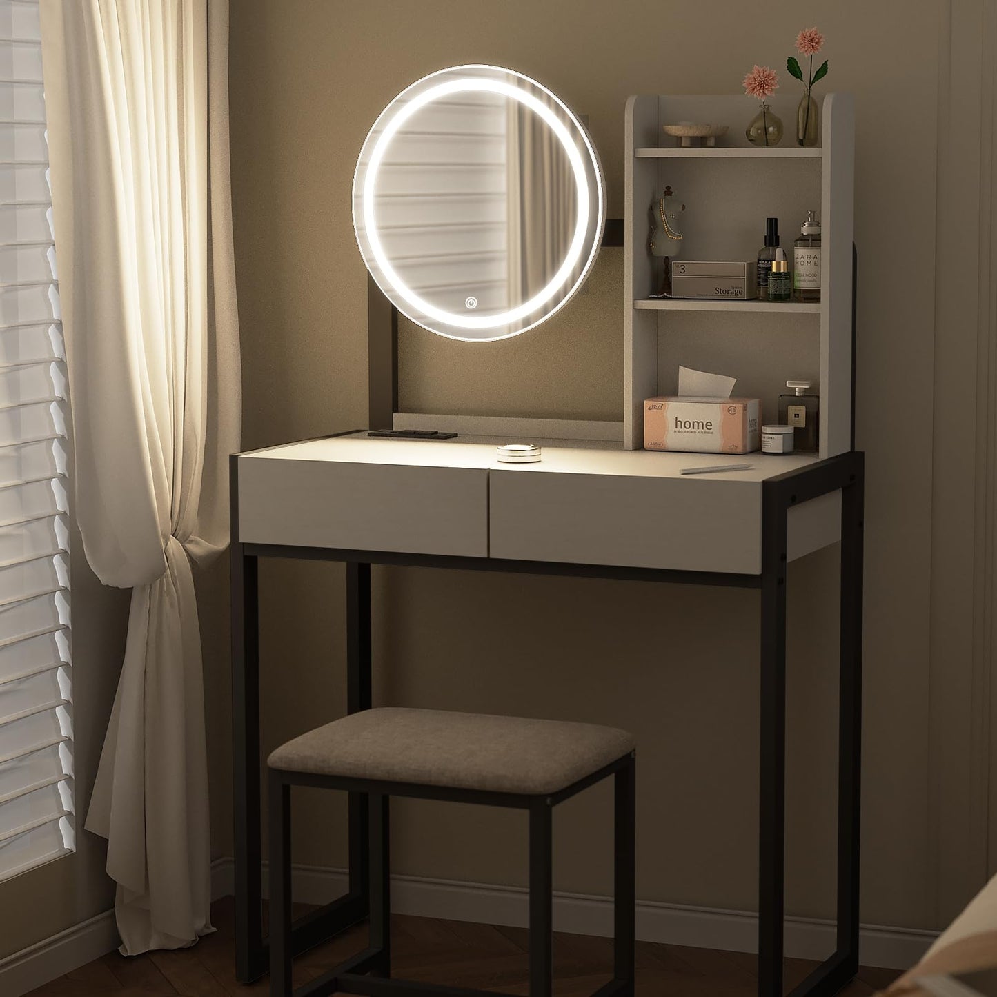 Small Vanity Desk With Mirror And Lights, Makeup Vanity Table With LED Mirror, 3 Lighting Modes, Power Outlet, Drawer, Open Shelves And Cushioned Stool For Bedroom  White And Black