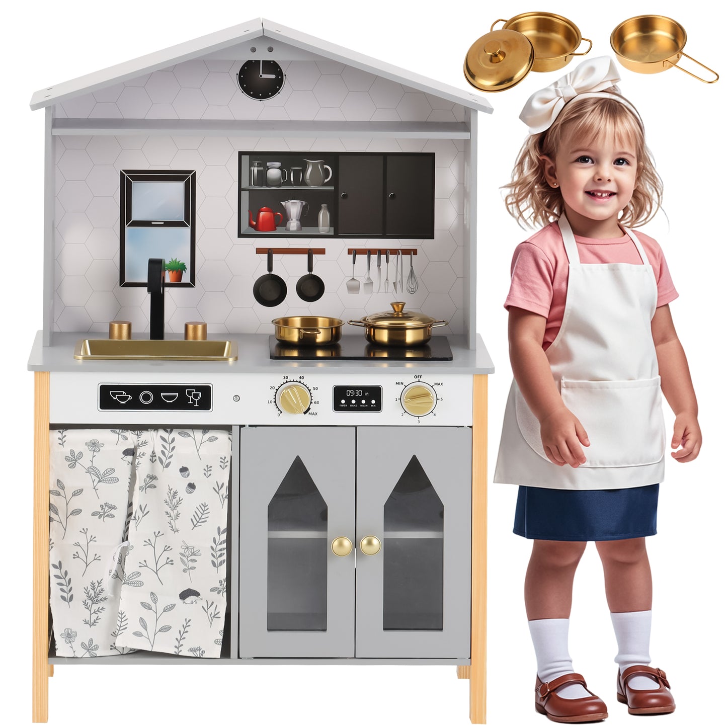 Children's Kitchen, Play Kitchen-Creative House Design, Accessories And Surprise Effects, Suitable For Children From 3 Years, Wood   Plastic, Grey, 28.5x60x92cm