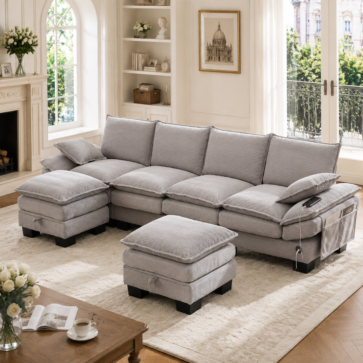 Modular 4-seater Corduroy Sofa  With 2 Stools   Wide Seat, Ergonomic Design, High-density Foam Padding, USB-C Port And Side Pockets.Ideal For Living Room, Office Or Lounge.Light Grey