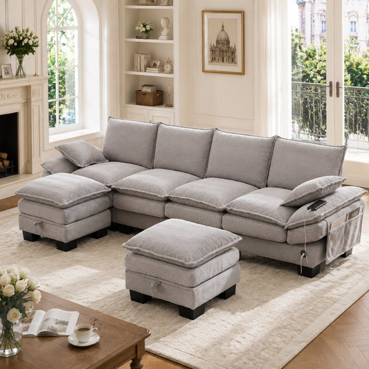 Modular 4-seater Corduroy Sofa  With 2 Stools   Wide Seat, Ergonomic Design, High-density Foam Padding, USB-C Port And Side Pockets.Ideal For Living Room, Office Or Lounge.Light Grey