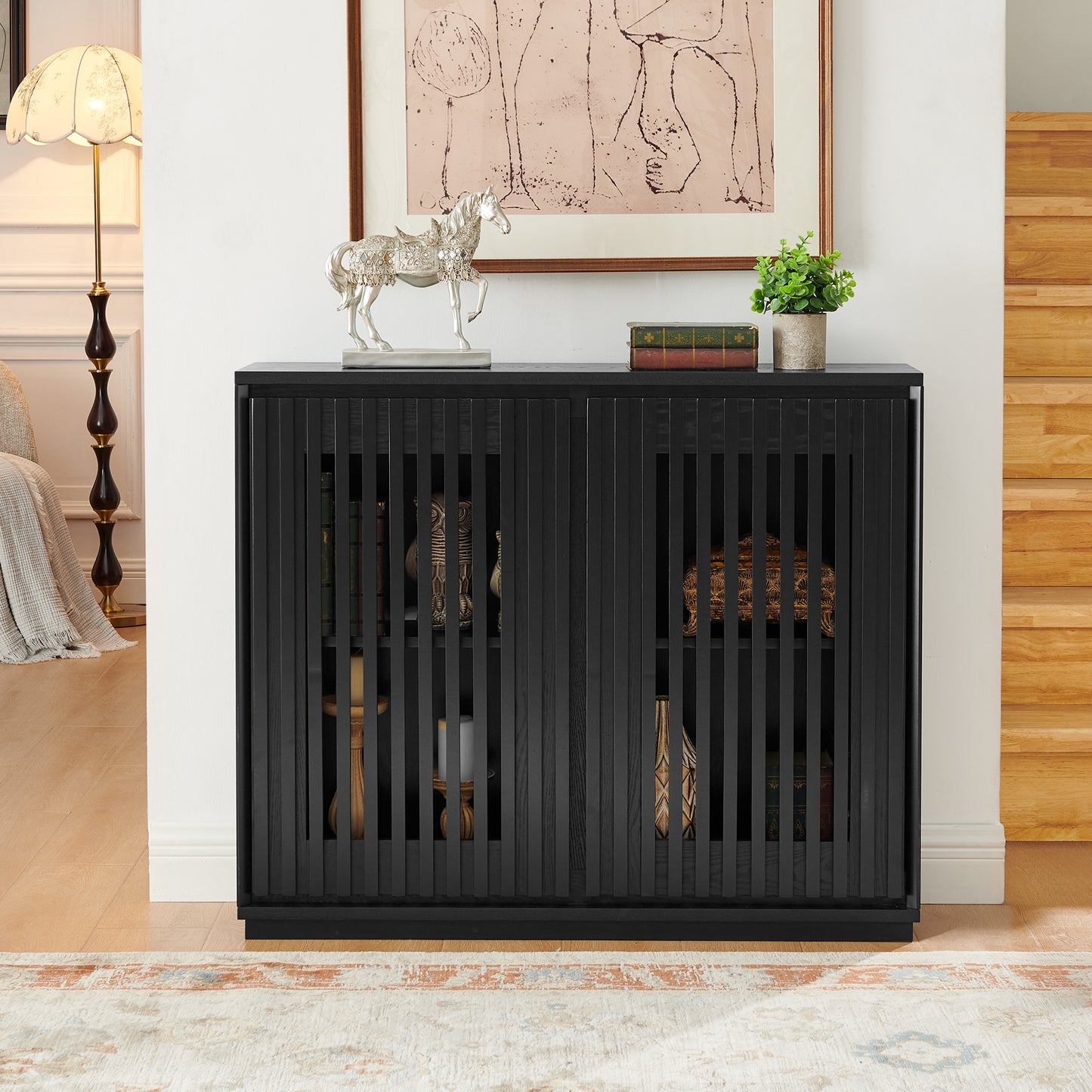 Mid Century Modern Fluted Hollowed Out Sideboard Cabinet With 2 Outlet Holes, Buffet Cabinet With Storage, Black Storage Cabinet For Living Room, Entryway, Hallway, Dining Room, Kitchen