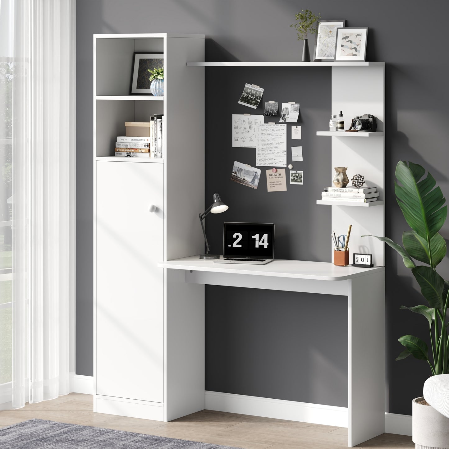 Office Desk, With Cabinet And Storage Shelf, Modern Office Design, 123,5 X 45 X 168,5 Cm, White