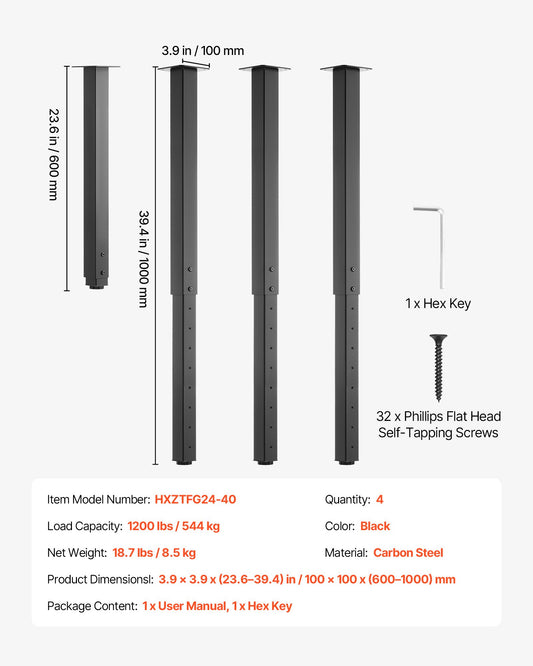 Adjustable Table Legs, 24-40 In Square Steel Furniture Legs, 1200 Lbs Max Load Heavy Duty, Quick Installation, Ideal For Home Office Desk DIY, Coffee Dinner Bar Tables, Workbenches, 4 PCS, Black