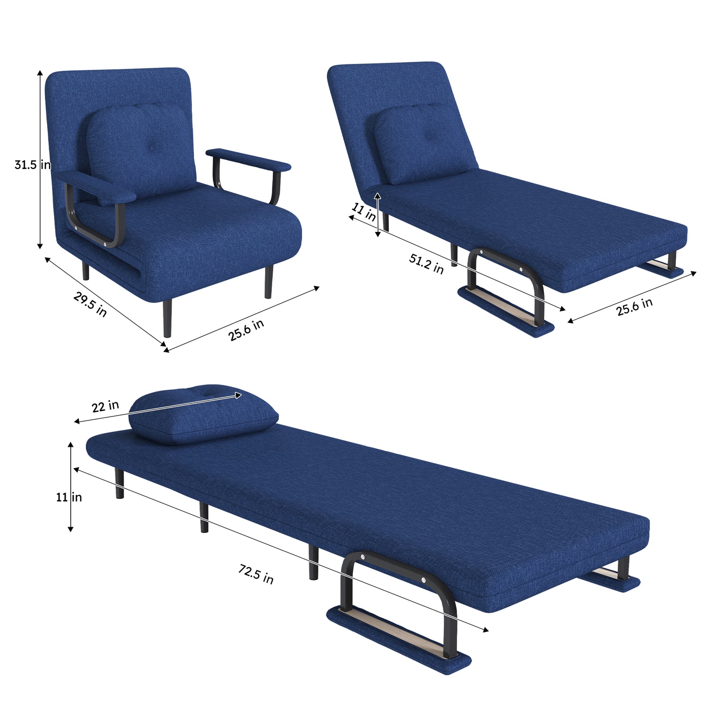 Folding Sofa Bed 3-in-1 Convertible Chair - 5-Position Adjustable Backrest With Pillow  Space-Saving Sleeper For Living Room  Bedroom & Office  Blue