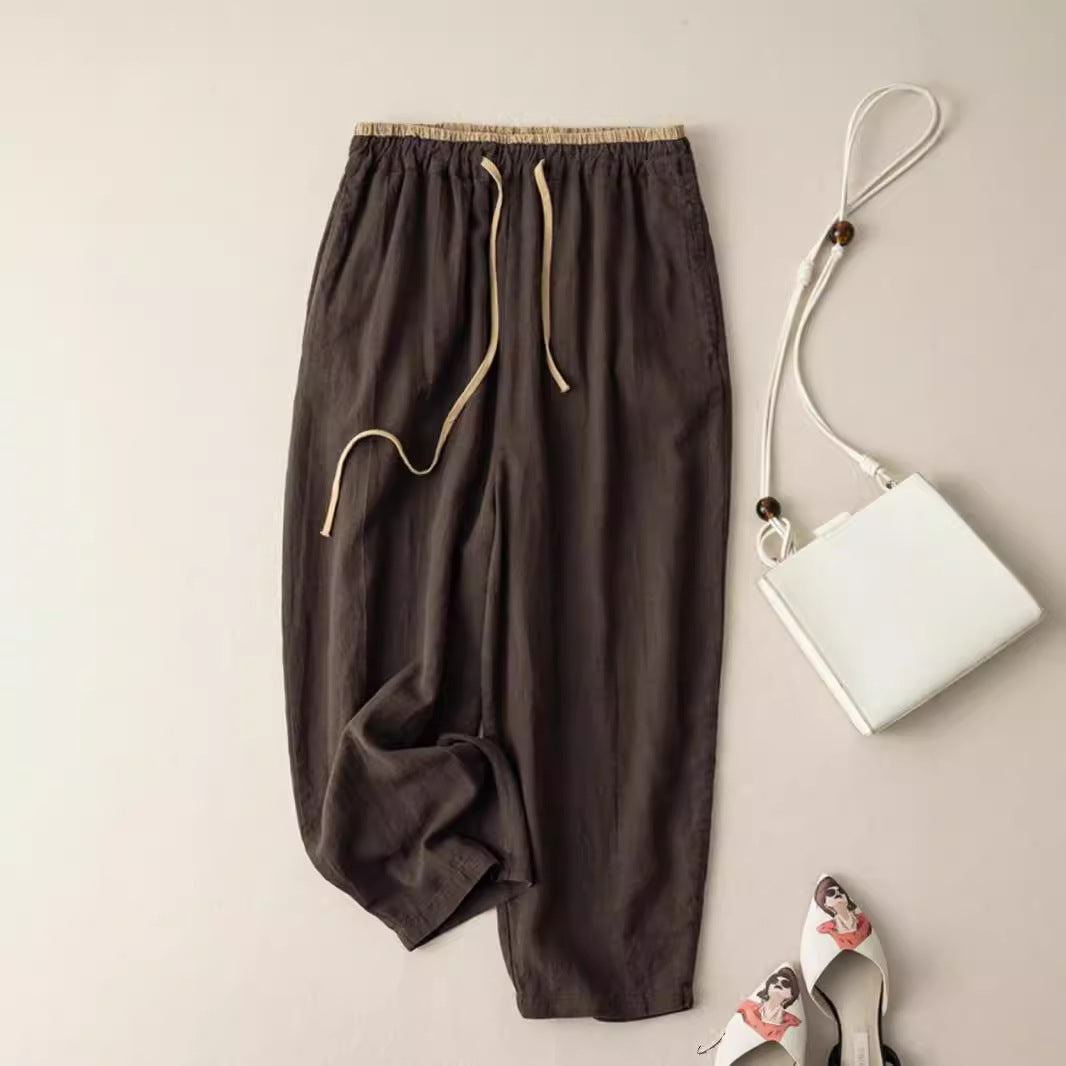 Womens Retro Korean-Style Simple Cotton-Linen Wide-Leg Casual Pants