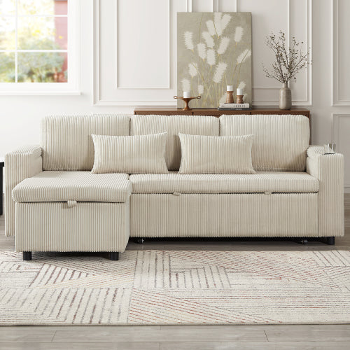 3 In 1 Convertible Corduroy Sofa Bed With Storage Chaise, L Shaped Sleeper Sofa Couches With Armrest Storage And Charging Station. Pullout Sectional Daybed For Living RoomBedroomOffice, Grey