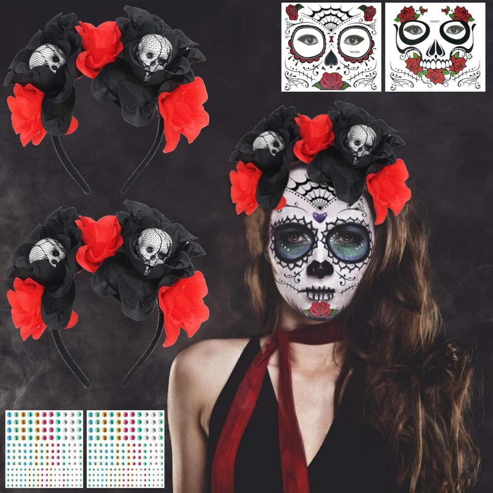 Black And Red Skull Headbands, Set Of 2, Sugar Skull Headwear For Dia De Los Muertos, Gothic Headbands For Cosplay & Carnival, Skull Costume Accessories & Party Supplies Set