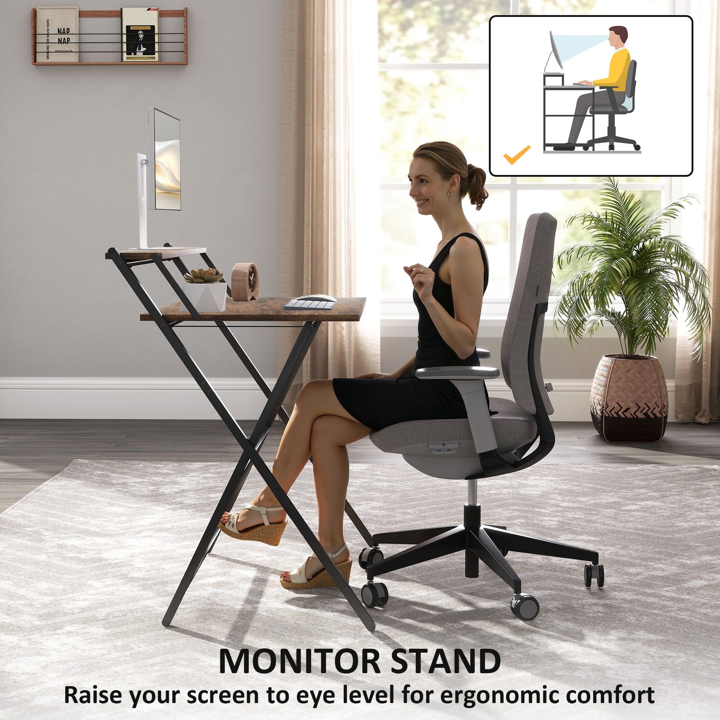 81.5 Cm Folding Computer Desk With Monitor Shelf - Rustic Brown