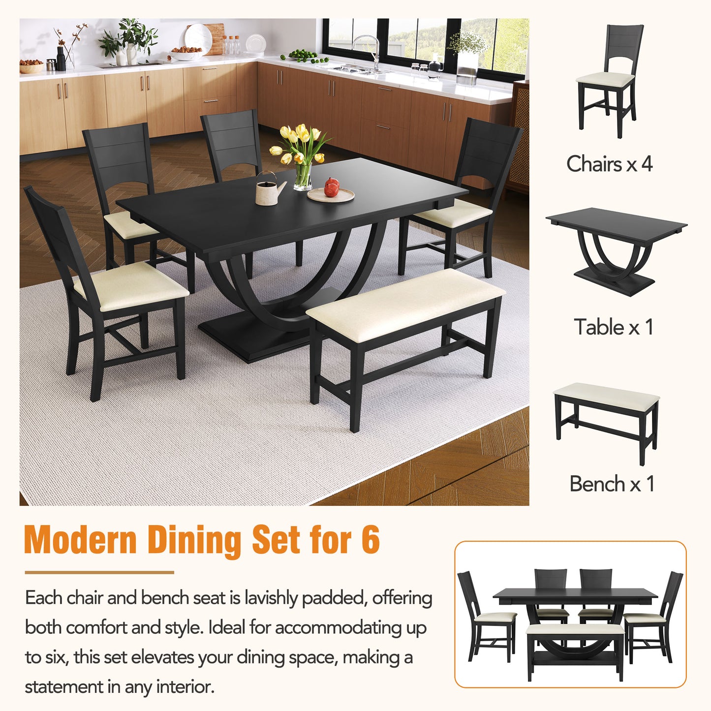 TOPMAX 6-Piece Wood Half Round Dining Table Set Kitchen Table Set With Long Bench And 4 Dining Chairs, Modern Style, Gray