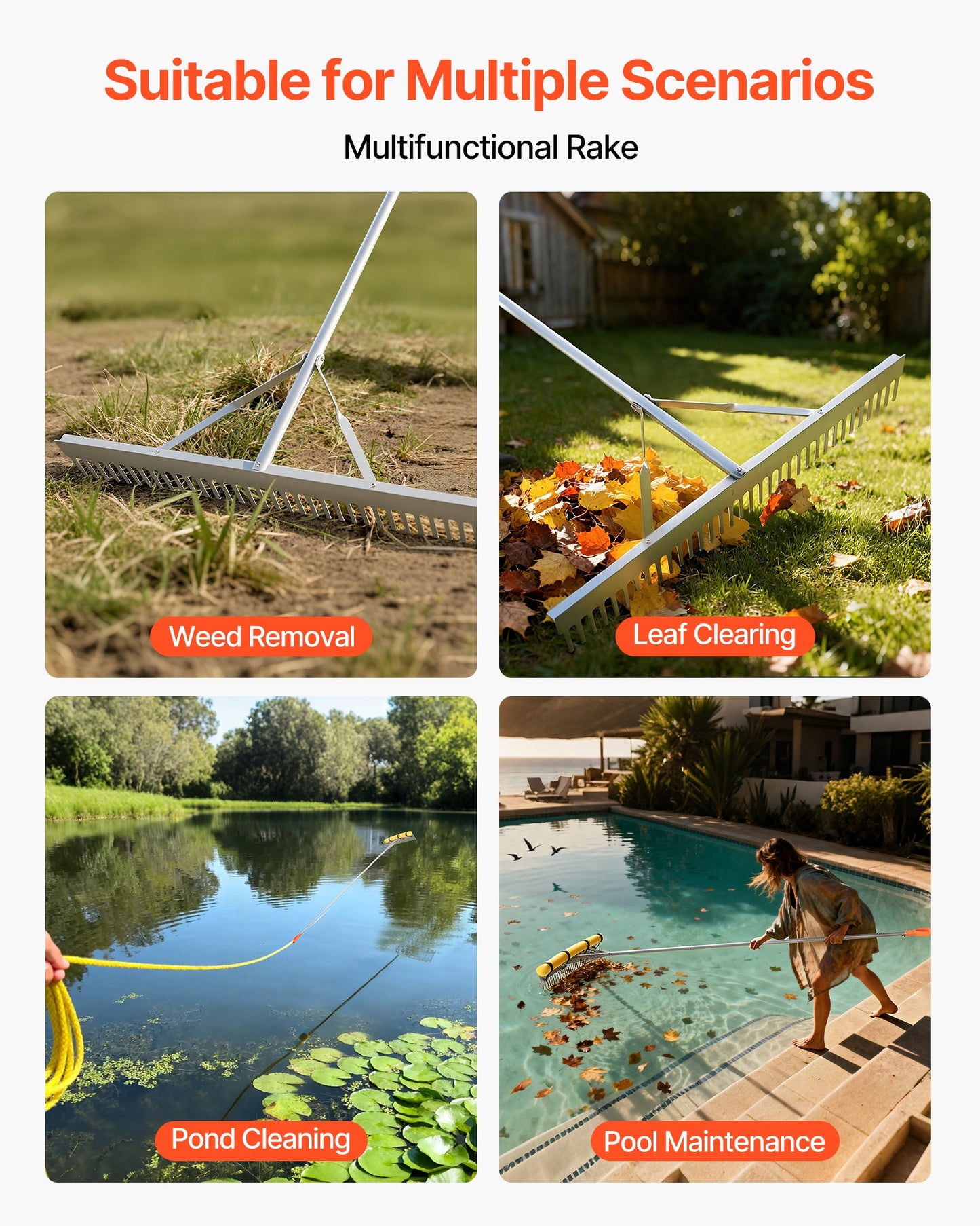 Landscape Rake, 36 Inch Wide Head 102 Inch Handle, Large Heavy Duty Aluminum Landscaping Leaf Rake Tool, Asphalt Level For Loosening Soil, Garden & Yard, Pond Gravel & Beach Lawn Care, 52ft Rope
