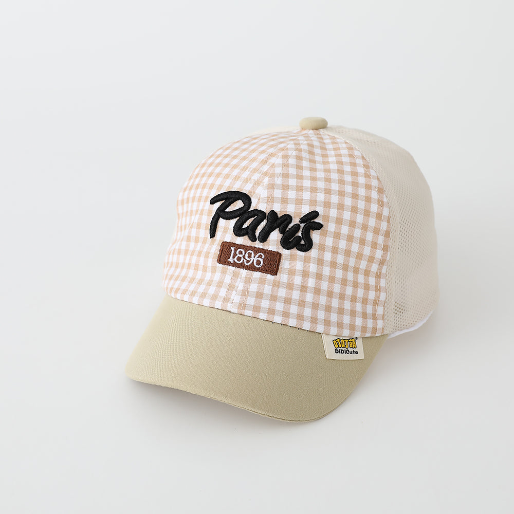 Summer Boys And Girls' Checkered Mesh Paris Letter-patterned Breathable Baseball Cap For Outdoor Outings, Sun Protection, Children's Hat