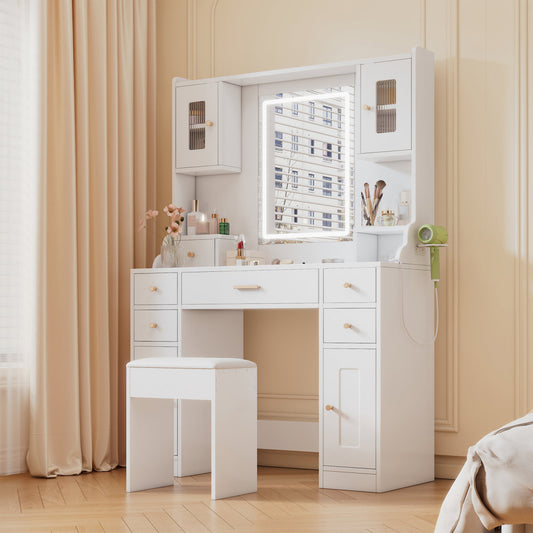 Large Dressing Table With Adjustable LED Lighting And Sockets, Dressing Table With Mirror, 6 Drawers And 4 Doors For The Bedroom, White, Measures 105x152x40 Cm WxHxD