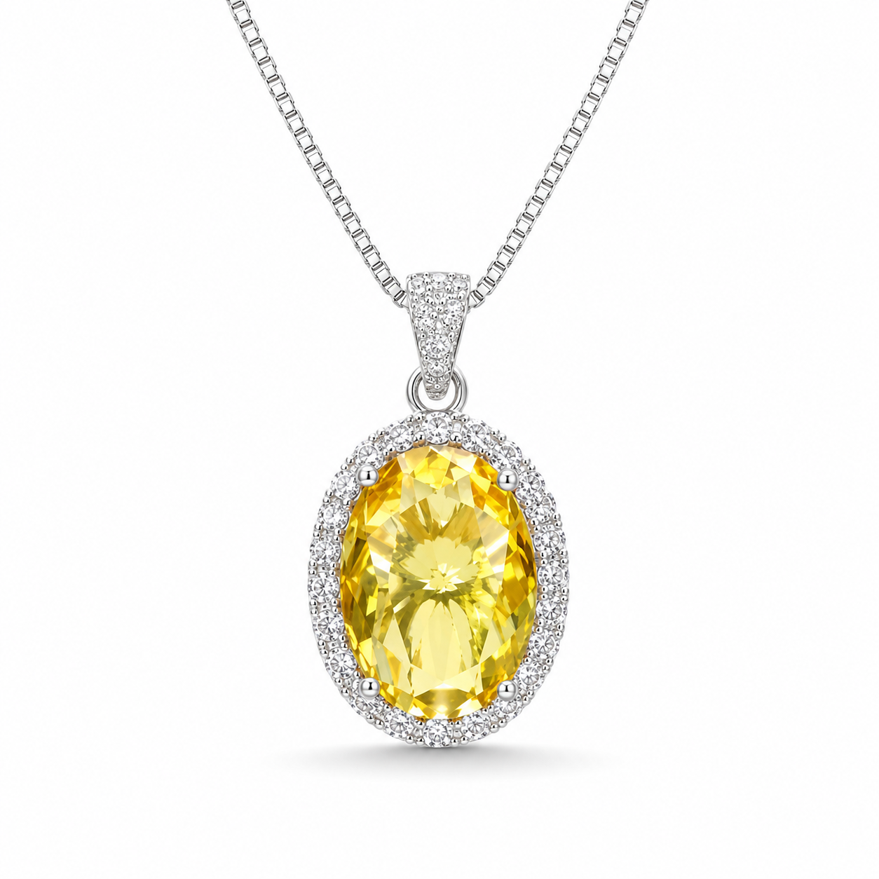Oval Cut Yellow Citrine CZ Halo Pendant Necklace For Women, Copper Plated Silver Full Pave White Cubic Zirconia Vintage Wedding Bridal Statement Jewelry Gift