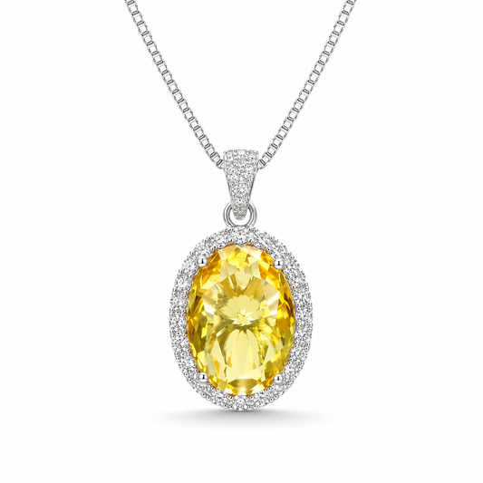 Oval Cut Yellow Citrine CZ Halo Pendant Necklace For Women, Copper Plated Silver Full Pave White Cubic Zirconia Vintage Wedding Bridal Statement Jewelry Gift