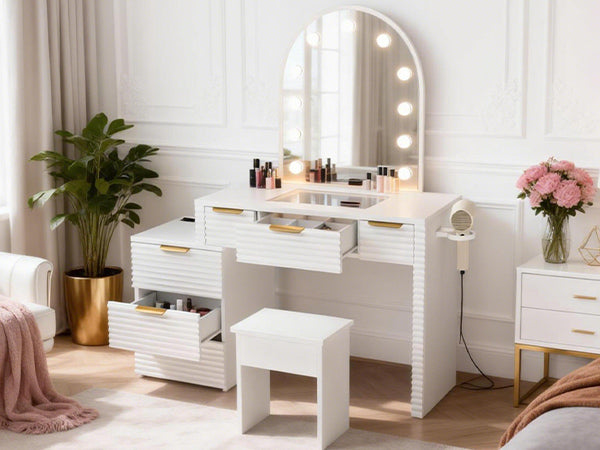 Makeup Vanity Desk With Mirror Lights Glass Tabletop 3 Lighting Modes Adjustable Vanity Table Modern Makeup Desk With Chair Power Outlet And 6 Drawers For Bedroom