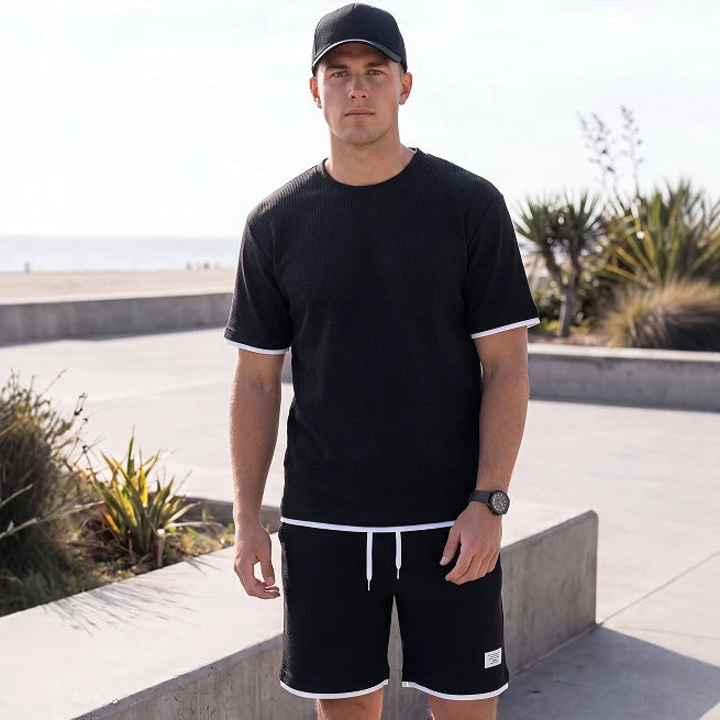 Athleisure T-shirt And Shorts Waffle-knit Set Korean-style Chic For Wearing Out