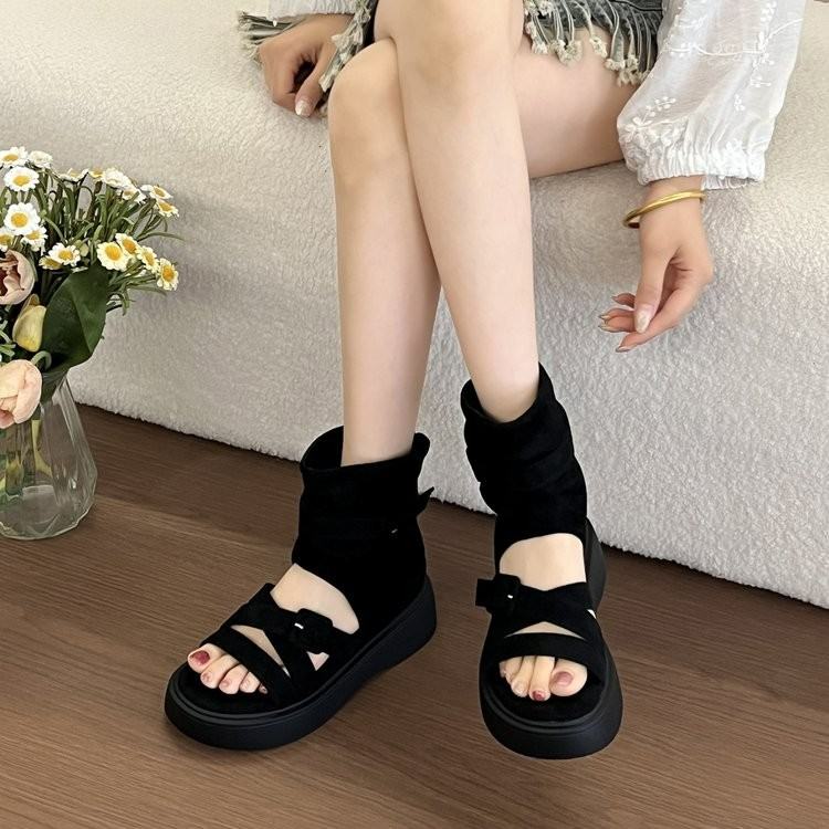 Women Platform Height Increasing Open Toe Roman Sandal Boots, 2026 New Summer Trendy Slouch Leg Boots For Petite Outdoor Wear