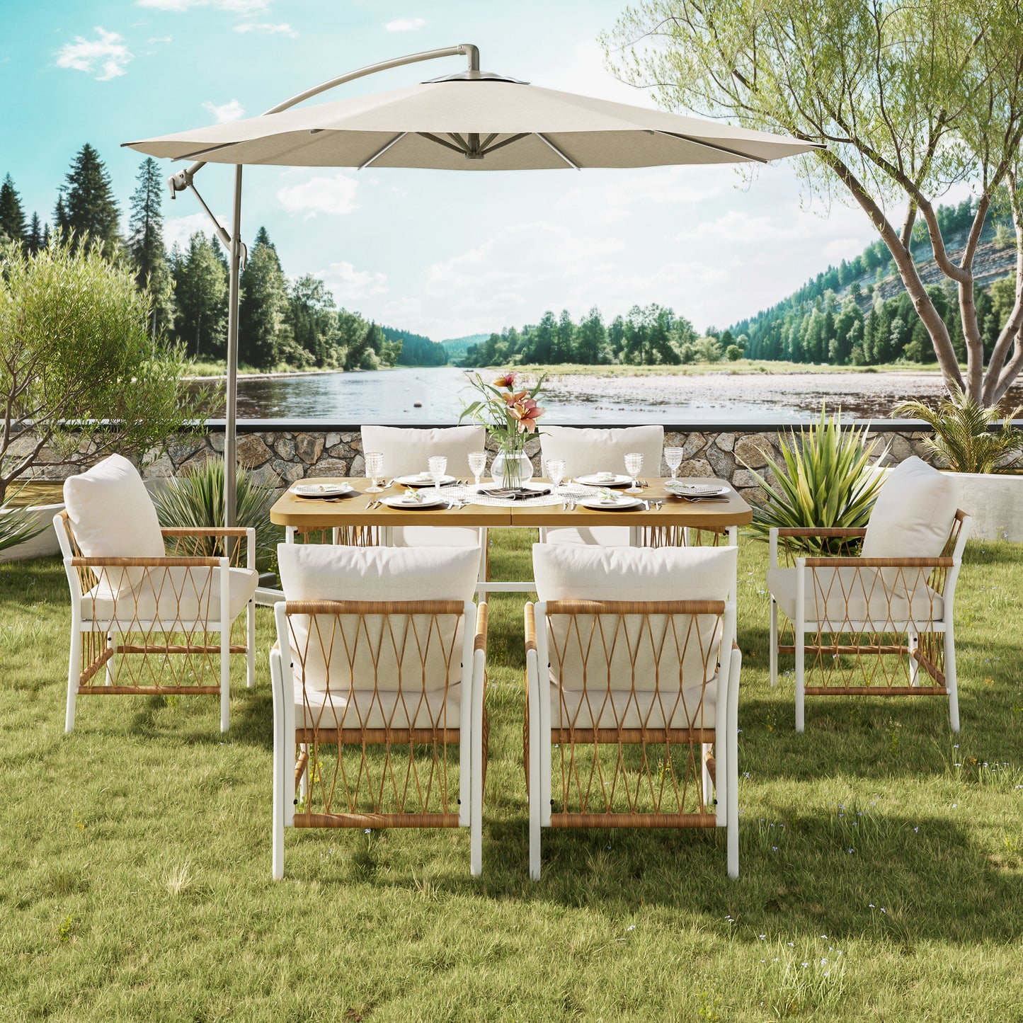 Modern Outdoor Set , Leisure And Meeting Set For Several People , Iron Frame , Braided Armrests , Seat Cushion Included