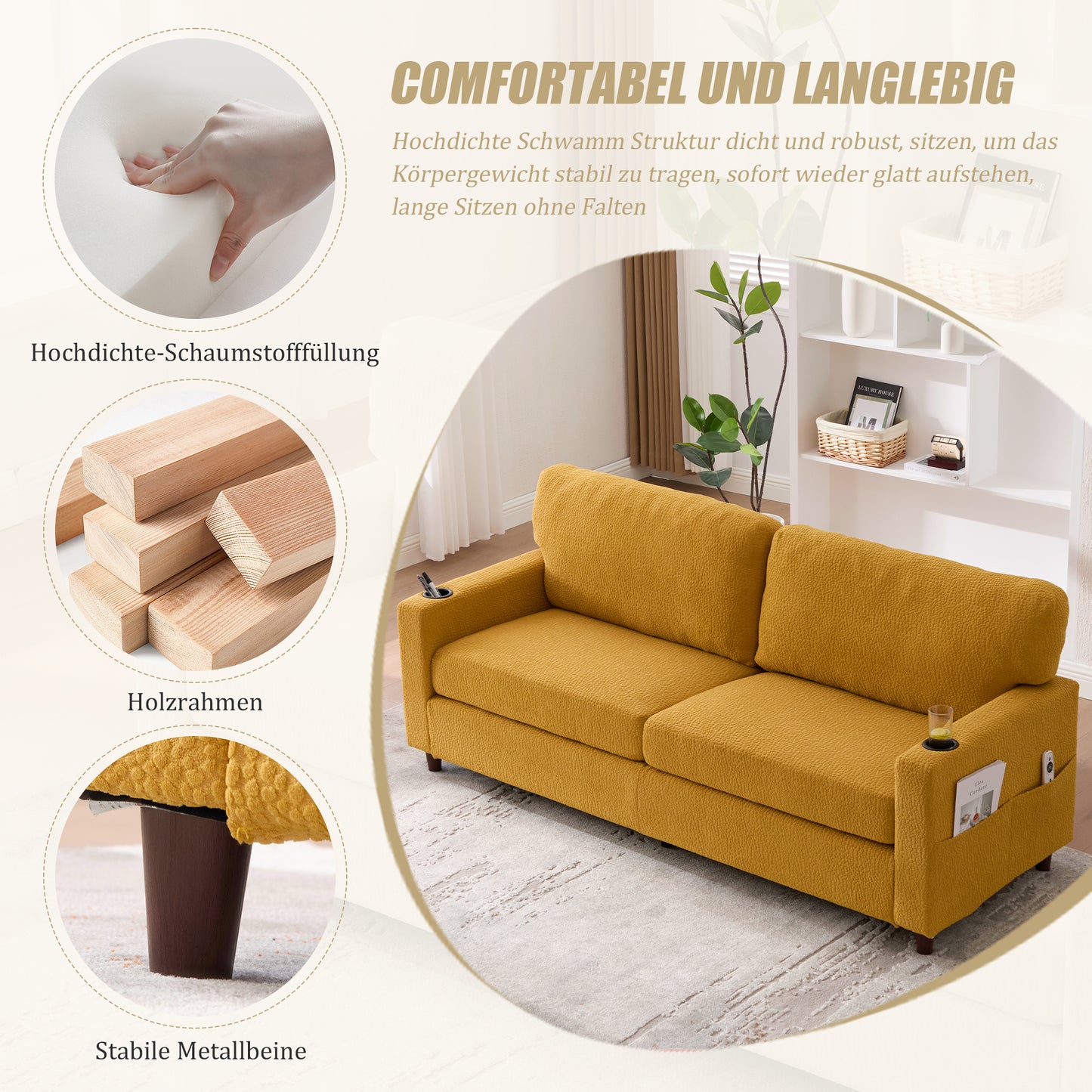 Modern 2-person Chenille Sofa With USB-C, LED Ambiance, Cup Holders And Side Pockets. Wood Metal Frame With Comfort Foam. Ideal For Living Room, Bedroom Or Office. Mustard Yellow