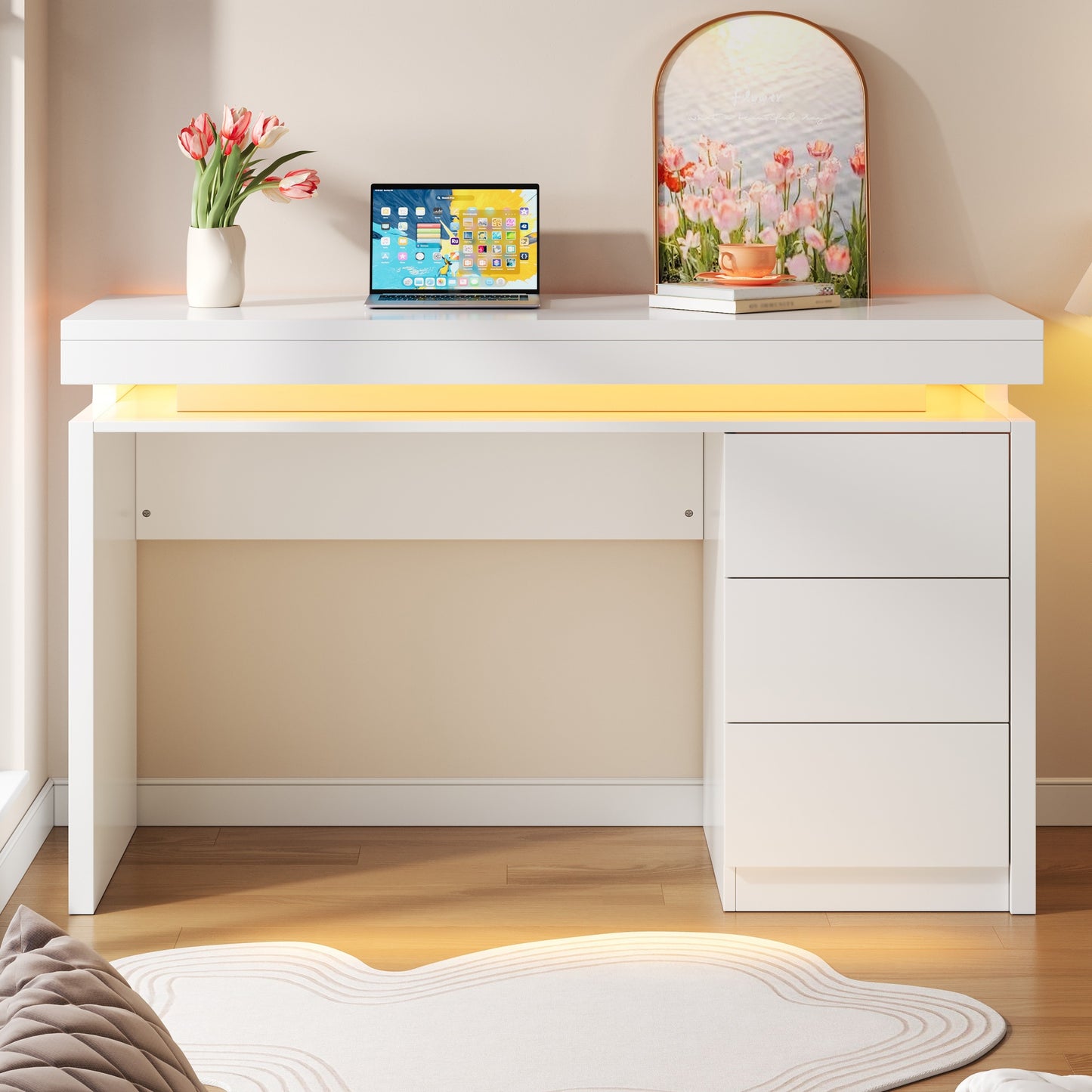 Modern LED Desk 120x50x78.5 Cm  Computer Desk With Three Drawers, Extended And Widened Work Surface, Reinforced Legs, Adjustable LED Lighting, Suitable For Home Office