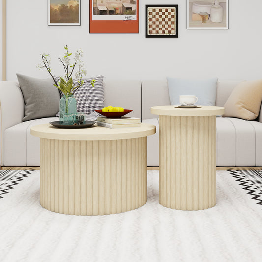 Round Coffee Table Set In 2 Pack With Natural Wood Effect And Wavy Structure - Integrated Side Table, Ideal For Living Room, Bedroom, Study Or Office