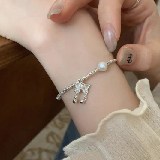 1pc 999 Sterling Silver Butterfly & Pearl Bracelet, Delicate Style, Perfect For Daily Wear And Valentine's Gift