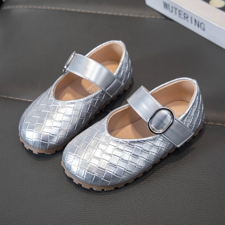 Korean Version Girls' Leather Shoes, Baby Woven Soft Sole Single Shoes, Little Girls' Princess Shoes, Mary Jane Shoes