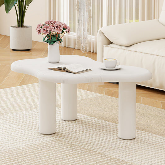 Cloud-shaped Coffee Table In Marble Look, Modern Living Room Table With Rounded Edges, Stable Solid Wood Legs, Easy-care Surface, Ideal For Living Room & Lounge