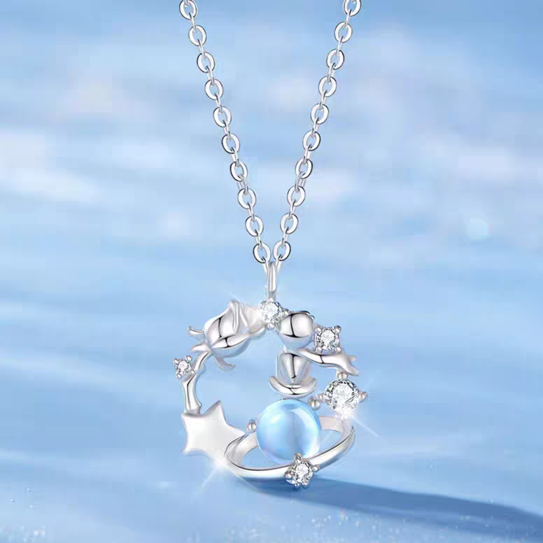 1pc 999 Sterling Silver Moonstone Little Prince Planet Pendant Necklace, Dreamy Sweet Style, Perfect For Daily Wear & Valentine's Gifts