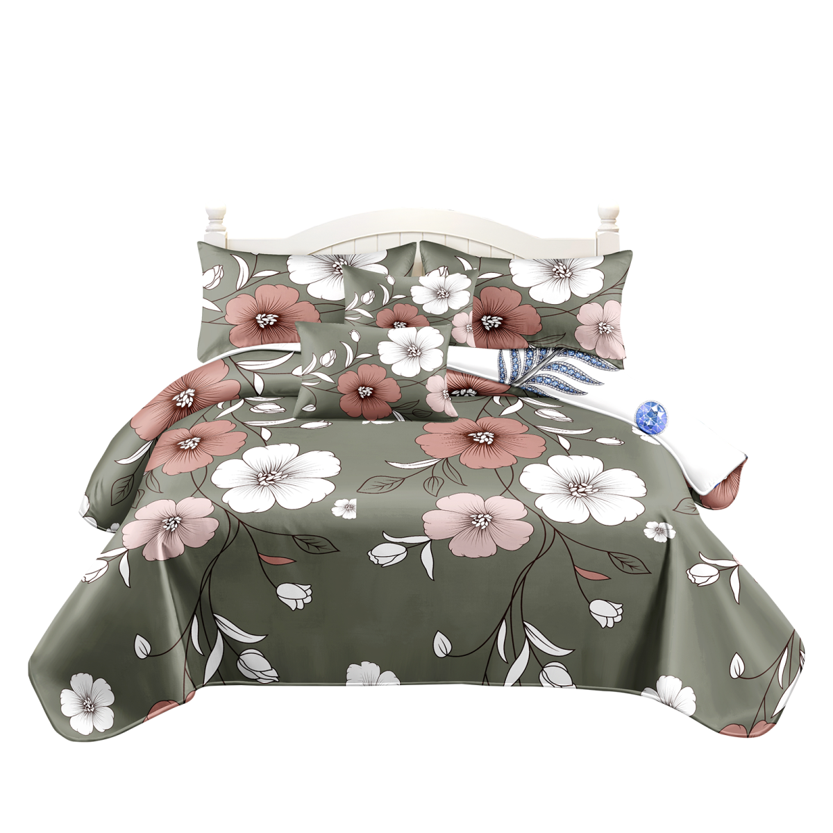 5 Piece Reversible Duvet Cover Set, US Designer Sage Green Vintage Floral Print Heavyweight Bedding Set With Pillow Shams And Throw Cushion Covers, Pet-Friendly High GSM
