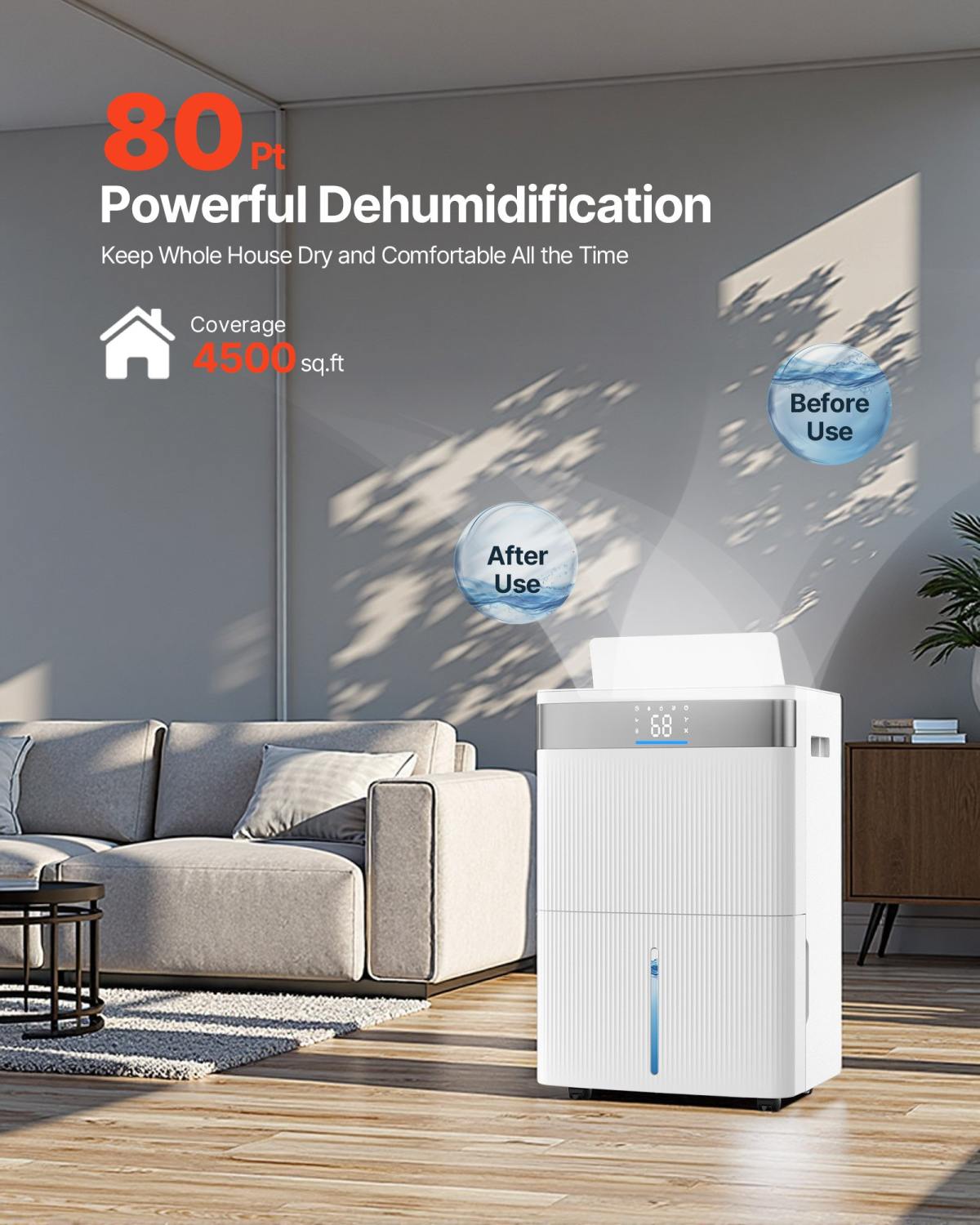 80 Pints Dehumidifier For Home & Basement, Drain Hose For Commercial & Industrial Use, Smart Humidity Control, Low Noise For Large Rooms, Warehouses, Bedrooms & Storage, Large Coverage,White