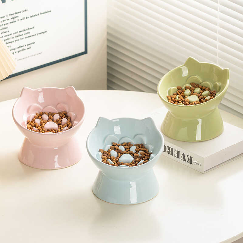 Ceramic Slow Feeding Bowl Cat And Dog Food Bowl Pet Cat Ear Relief Bowl Oblique Mouth
