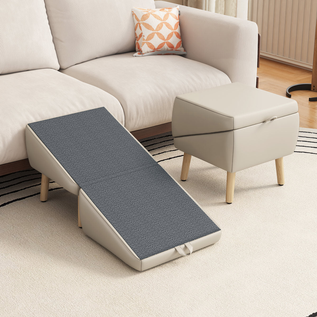 (UPGRADED) Dog Stairs for Small Dogs and Cats, Dog Ramp for Couch and Bed, Foldable 2-in-1 Wooden Pet Steps for Puppy, Split Ottoman Design (Light Grey)